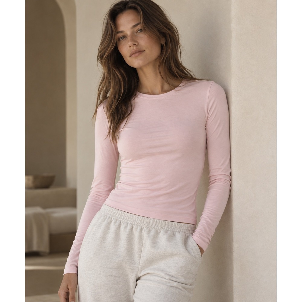 Skims Cotton Jersey Long Sleeve T-Shirt Womens XL Petal Pink AP-TSH-0647 Slim